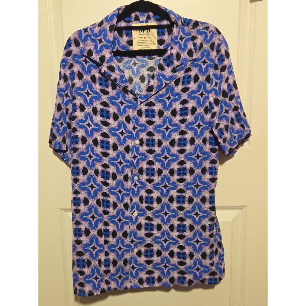 OPB Original Paperbacks Mens M Abstract Geometric Shirt Blue Purple Camp Collar